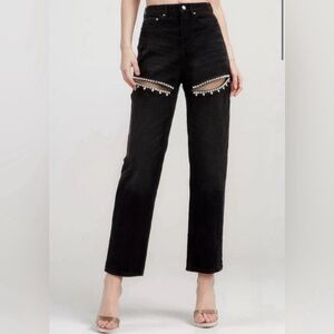 Monvess high waisted black denim jeans with diamond embellishment cutouts SM OBO